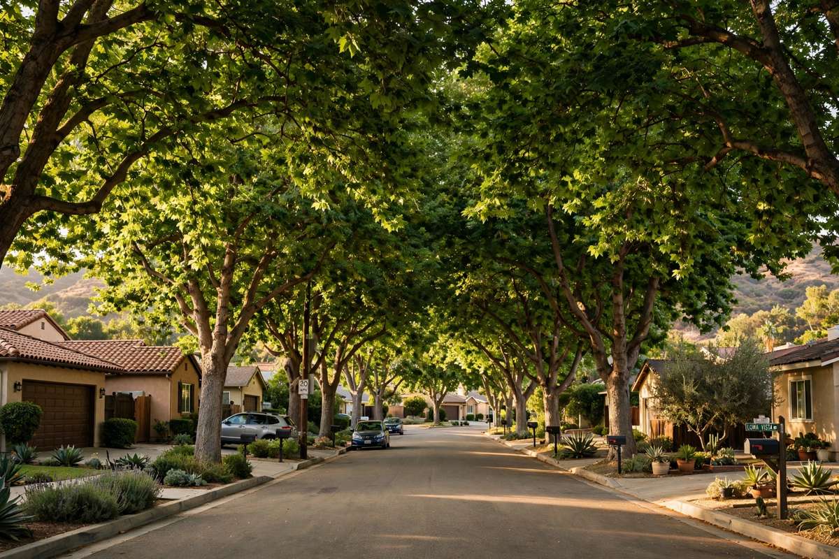 A Ventura street shaded by large mature trees